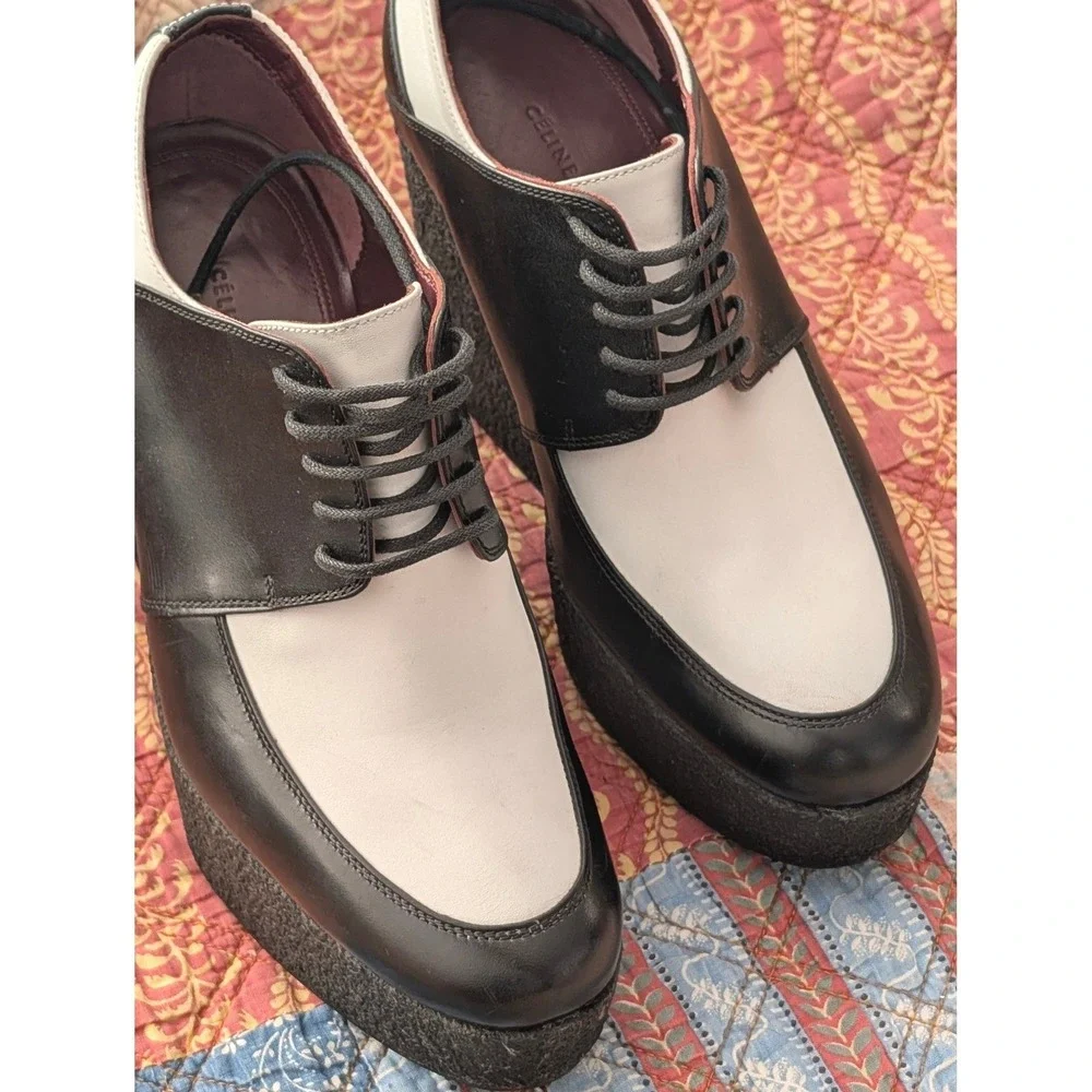 Celine Two Tone Platform Wedge Oxford Shoes Black White‎ Leather EU 36.5